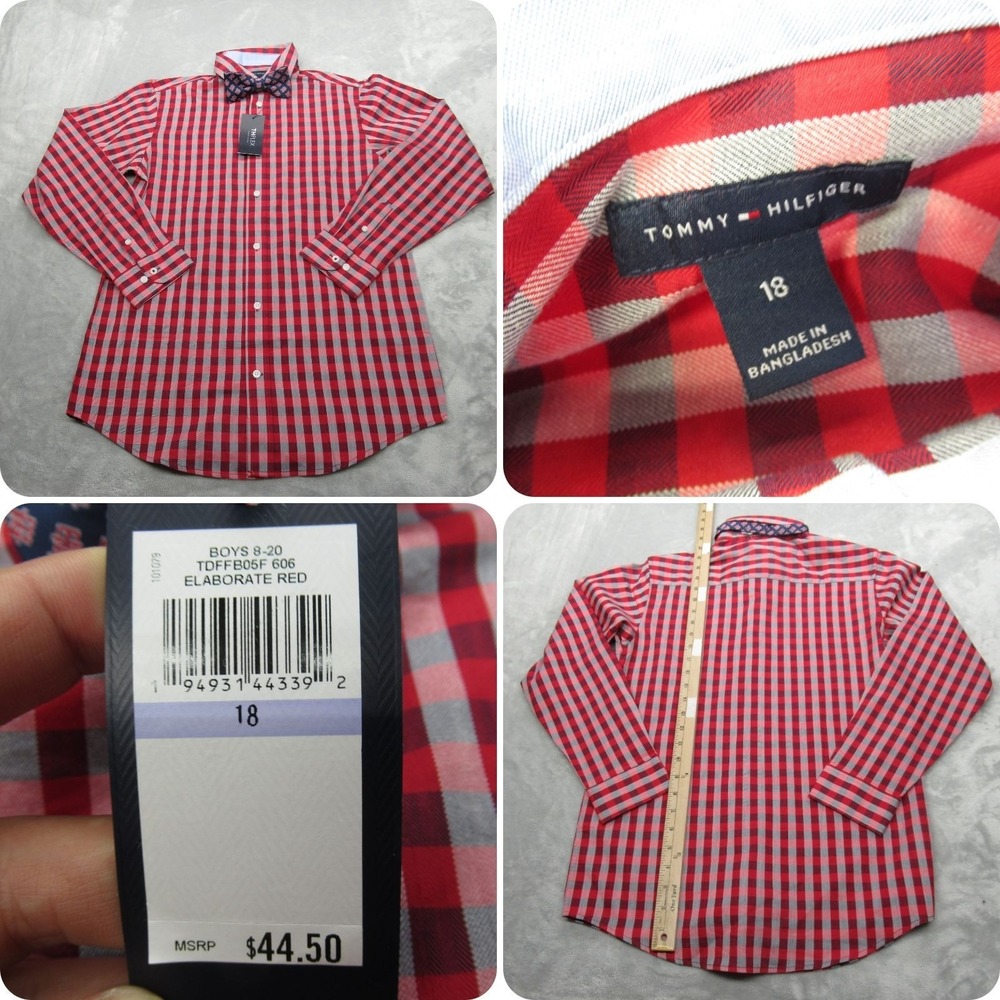Tommy Hilfiger Shirt Boys 18 Red Check The Flex Bow Long Sleeve Button Up NEW